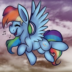Size: 1200x1200 | Tagged: safe, artist:dweebpone, rainbow dash, pegasus, pony, g4, eyes closed, female, flying, happy, mare, open mouth, singing, sky, smiling, solo, spread wings, wings