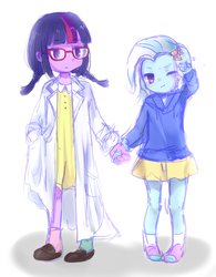 Size: 781x1000 | Tagged: safe, artist:weiliy, sci-twi, trixie, twilight sparkle, equestria girls, g4, clothes, cute, diatrixes, duo, female, glasses, holding hands, hoodie, lab coat, lesbian, pigtails, ship:sci-twixie, ship:twixie, shipping, shoes, skirt, socks, twintails, younger