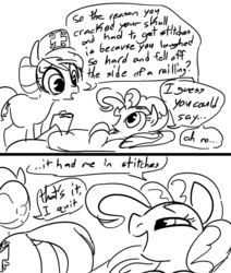 Size: 654x771 | Tagged: safe, artist:dotkwa, nurse redheart, pinkie pie, earth pony, pony, g4, butt, comic, dock, female, grayscale, injured, mare, monochrome, nurse redbutt, plot, pun, sketch, tail