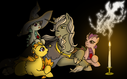 Size: 3900x2437 | Tagged: safe, artist:westphalianartist, adagio dazzle, aria blaze, sonata dusk, star swirl the bearded, classical unicorn, dragon, pony, siren, unicorn, g4, amazed, baby, backstory, beard, bells, candle, cape, clothes, cloven hooves, cute, family, fire, hat, hatless, headcanon, high res, horn, leonine tail, light, missing accessory, open mouth, pyromancer, shading, shadow, smoke, teacher, wizard, younger