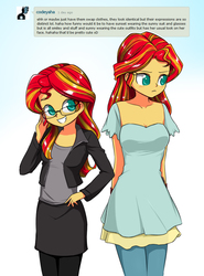 Size: 789x1064 | Tagged: safe, artist:twilite-sparkleplz, sunset shimmer, equestria girls, g4, my little pony equestria girls: rainbow rocks, black skirt, clothes, clothes swap, cute, dress, duality, glasses, leather jacket, pantyhose, self paradox, shimmerbetes, skirt, smiling, suit, when she smiles