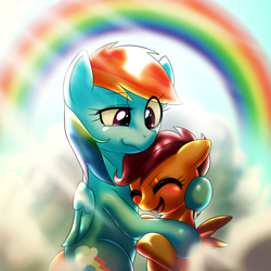 Size: 1000x1000 | Tagged: safe, artist:ushiro no kukan, rainbow dash, scootaloo, pegasus, pony, g4, cloud, excited, eyes closed, female, filly, foal, hug, mare, open mouth, rainbow, scootalove