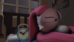 Size: 640x360 | Tagged: safe, artist:juiceboxalvin, pinkie pie, earth pony, pony, g4, 3d, alarm clock, animated, bed, behaving like a cat, cute, cuteamena, eyes closed, female, mare, pinkamena diane pie, sleeping, solo, source filmmaker, youtube link