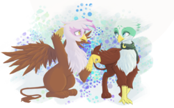 Size: 2419x1508 | Tagged: safe, artist:novaquinmat, gilda, greta, griffon, g4, my little pony: friendship is magic, the lost treasure of griffonstone, duo, duo female, female, sitting