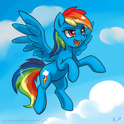 Size: 1500x1500 | Tagged: safe, artist:kp-shadowsquirrel, rainbow dash, pegasus, pony, g4, cloud, female, flying, mare, open mouth, raised hoof, signature, sky, solo, spread wings, wings