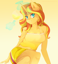 Size: 3600x4000 | Tagged: safe, artist:thenornonthego, sunset shimmer, anthro, equestria girls, absurd resolution, alcohol, beautiful, champagne, clothes, cute, female, fluffy, glowing horn, grin, looking at you, magic, midriff, off shoulder, pretty, sitting, skirt, smiling, solo, telekinesis, wine