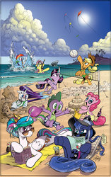 Size: 900x1433 | Tagged: safe, artist:andy price, idw, applejack, fluttershy, pinkie pie, princess celestia, princess luna, rainbow dash, rarity, spike, twilight sparkle, alicorn, opossum, pony, shark, g4, alternate hairstyle, angry, balloon, beach, book, chase, clothes, female, floppy ears, frown, glare, gritted teeth, hat, hilarious in hindsight, i can't believe it's not idw, kite, looking back, magazine, mane seven, mane six, mare, ocean, on back, one-piece swimsuit, open mouth, open-back swimsuit, pointing, rage, raised hoof, raised leg, reading, running, sand, sandcastle, scared, smiling, snorkel, spread wings, sun hat, sunglasses, sunscreen, swimsuit, tail, tail hole, towel, twilight sparkle (alicorn), underhoof, volleyball, water balloon, wet mane