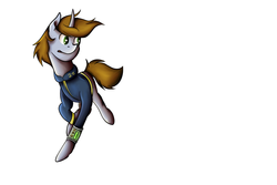 Size: 1500x1000 | Tagged: safe, artist:velvetremedyarts, oc, oc only, oc:littlepip, pony, unicorn, fallout equestria, clothes, fanfic, fanfic art, female, jumpsuit, mare, pipbuck, simple background, solo, vault suit, white background, wip