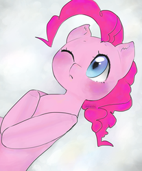 Size: 1600x1931 | Tagged: safe, artist:oouichi, pinkie pie, earth pony, pony, g4, cloud, cloudsdale, female, lying down, lying on a cloud, mare, on a cloud, on back, one eye closed, signature, solo