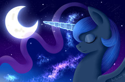 Size: 1024x672 | Tagged: safe, artist:wavecipher, princess luna, alicorn, pony, g4, eyes closed, female, magic, moon, smiling, solo