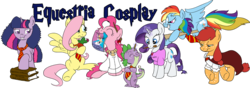 Size: 1000x350 | Tagged: safe, artist:rannva, applejack, fluttershy, pinkie pie, rainbow dash, rarity, spike, twilight sparkle, g4, banner, clothes, cosplay, ginny weasley, gryffindor, harry potter (series), hermione granger, lavender brown, luna lovegood, mane seven, mane six, neville longbottom, ron weasley, simple background, transparent background