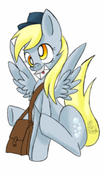 Size: 750x1280 | Tagged: safe, artist:lukitheangelxd, derpy hooves, pegasus, pony, g4, female, hat, letter, mailbag, mare, mouth hold, simple background, solo