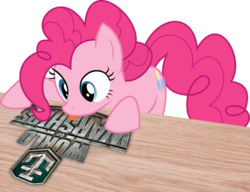 Size: 900x691 | Tagged: safe, artist:patec, screencap, pinkie pie, g4, female, image macro, licking, logo, meme, simple background, solo, table, transparent background, vector, world of warships