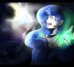 Size: 3300x3000 | Tagged: safe, artist:loure201, nightmare moon, princess luna, human, g4, armpits, corrupted, eclipse, elf ears, high res, humanized, nail polish, solar eclipse, solo, transformation