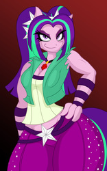 Size: 958x1536 | Tagged: safe, artist:lil miss jay, aria blaze, earth pony, anthro, full service playing cards, equestria girls, g4, my little pony equestria girls: rainbow rocks, aria brute, aria buff, arse-ia blaze, bedroom eyes, cleavage, clothes, equestria girls outfit, female, hand on hip, hips, muscles, smirk, solo, thighs, thunder thighs, wide hips
