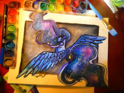 Size: 1024x768 | Tagged: dead source, safe, artist:zzzshadows, princess luna, g4, female, looking back, solo, spread wings, traditional art