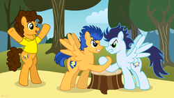 Size: 3840x2160 | Tagged: safe, artist:flashlighthouse, cheese sandwich, flash sentry, soarin', earth pony, pegasus, pony, g4, arm wrestling, high res, hoofwrestle, male, spread wings, stallion, trio, wings