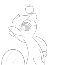 Size: 3136x3314 | Tagged: safe, artist:b-epon, applejack, g4, apple, balancing, cute, female, freckles, grayscale, hatless, high res, jackabetes, looking at you, missing accessory, monochrome, ponies balancing stuff on their nose, simple background, smiling, solo, that pony sure does love apples, white background