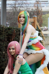 Size: 1066x1600 | Tagged: safe, artist:decares, artist:straychild77, fluttershy, rainbow dash, human, g4, clothes, cosplay, dress, gala dress, irl, irl human, panties, photo, skirt, underwear, upskirt, white underwear