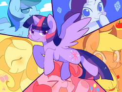 Size: 680x512 | Tagged: safe, artist:miki 14, applejack, fluttershy, pinkie pie, rainbow dash, rarity, twilight sparkle, alicorn, pony, g4, ><, blushing, cute, cutie mark, eyes closed, female, mane six, mare, twilight sparkle (alicorn)