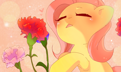 Size: 854x512 | Tagged: safe, artist:miki 14, fluttershy, pony, g4, :<, cute, eyes closed, female, flower, heart, mare, open mouth, shyabetes, solo