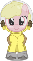 Size: 1473x2681 | Tagged: safe, artist:zacatron94, oc, oc only, oc:puppysmiles, earth pony, pony, fallout equestria, fallout equestria: pink eyes, fanfic, fanfic art, female, filly, foal, hazmat suit, hooves, looking at you, simple background, smiling, solo, transparent background, vector