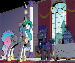 Size: 1884x1574 | Tagged: safe, artist:php104, princess celestia, princess luna, oc, oc:au hasard, alicorn, bat pony, pony, g4, armor, cake, cakelestia, canterlot castle, cherry, duo, ear fluff, female, figure, frown, glare, glowing horn, guard, horn, i can't believe it's not idw, jewelry, levitation, looking away, magic, male, mare, music notes, night guard, nonchalant, pure unfiltered evil, regalia, smiling, spear, stallion, stealing, telekinesis, this will end in tears, trollestia, weapon, whistling, window