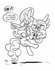 Size: 927x1200 | Tagged: safe, artist:1trick, fluttershy, pinkie pie, g4, carrying, flying, frown, monochrome, open mouth, pointing, smiling, spread wings, sweat, wide eyes