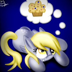 Size: 1280x1280 | Tagged: safe, artist:paulpeopless, derpy hooves, pegasus, pony, g4, female, food, mare, muffin, prone, thought bubble