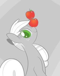 Size: 2775x3480 | Tagged: safe, artist:b-epon, applejack, g4, apple, balancing, female, grayscale, high res, monochrome, partial color, ponies balancing stuff on their nose, solo
