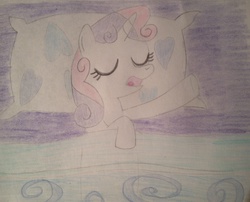 Size: 2046x1652 | Tagged: safe, artist:kaitlynthorne, sweetie belle, g4, bed, female, open mouth, sleeping, snoring, solo, traditional art