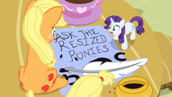 Size: 1280x721 | Tagged: safe, artist:pegachess, applejack, rarity, ask the resized ponies, g4, cup, ink, micro, napkin, quill