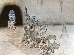 Size: 2592x1936 | Tagged: dead source, safe, artist:vividsplash, queen chrysalis, starlight glimmer, changeling, changeling queen, pony, unicorn, g4, cave, female, sad, sad face, sadlight glimmer, traditional art
