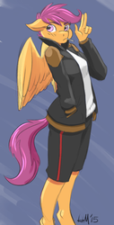 Size: 855x1689 | Tagged: safe, artist:hobbsmeerkat, scootaloo, anthro, g4, clothes, female, solo