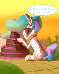 Size: 1600x2000 | Tagged: safe, artist:moonlitbrush, edit, princess celestia, g4, cake, cakelestia, cute, cutelestia, eating, female, frown, looking at you, looking back, messy eating, open mouth, sad, sitting, solo, spanish, translation, translator:the-luna-fan