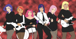 Size: 1280x661 | Tagged: safe, artist:eve-ashgrove, applejack, fluttershy, pinkie pie, rainbow dash, rarity, twilight sparkle, human, g4, addicted to love, bass guitar, drums, electric guitar, eyeshadow, guitar, humanized, keyboard, lipstick, mane six, microphone, music video reference, musical instrument, robert palmer, tambourine