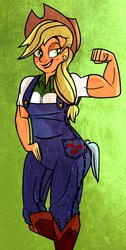 Size: 635x1259 | Tagged: safe, artist:darkwingsnark, applejack, equestria girls, g4, applejacked, flexing, hand on hip, humanized, muscles, overalls