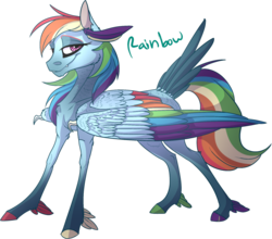 Size: 1280x1126 | Tagged: safe, artist:thepoisonjackal, rainbow dash, pegasus, pony, g4, alternate design, claws, colored hooves, colored wings, colored wingtips, feather, feathered fetlocks, female, grin, looking at you, multicolored wings, rainbow wings, realistic horse legs, simple background, solo, tail feathers, transparent background, wing claws, wings