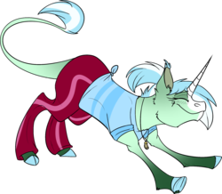 Size: 1280x1115 | Tagged: safe, artist:thepoisonjackal, lyra heartstrings, classical unicorn, pony, unicorn, g4, clothes, cloven hooves, colored hooves, eyes closed, female, horn, leonine tail, necklace, pants, shirt, simple background, solo, stretching, transparent background