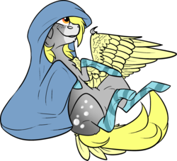 Size: 1280x1163 | Tagged: safe, artist:thepoisonjackal, derpy hooves, pegasus, pony, g4, blanket, claws, clothes, cute, derpabetes, female, mare, simple background, socks, solo, striped socks, tail feathers, transparent background, wing claws, wings