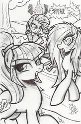 Size: 625x960 | Tagged: safe, artist:ponygoddess, rarity, sonata dusk, oc, oc:sappho, g4, angry, female, fire, hair over one eye, heart eyes, jealous, lesbian, monochrome, ponified, rarity is not amused, shipping, sketch, wingding eyes