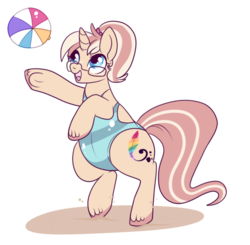Size: 600x588 | Tagged: safe, artist:lulubell, oc, oc only, oc:lulubell, pony, unicorn, beach, beach ball, chubby, clothes, fat, freckles, glasses, one-piece swimsuit, open-back swimsuit, sand, simple background, solo, swimsuit, transparent background