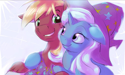 Size: 1455x875 | Tagged: safe, artist:gsphere, big macintosh, trixie, earth pony, pony, unicorn, g4, crack shipping, cute, diatrixes, featured image, female, floppy ears, grin, hug, macabetes, male, mare, shipping, smiling, stallion, straight, trixmac