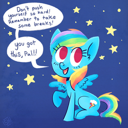 Size: 600x600 | Tagged: dead source, safe, artist:steveholt, rainbow dash, pegasus, pony, g4, abstract background, female, mare, motivational, open mouth, positive message, positive ponies, signature, sitting, solo, speech bubble, stars