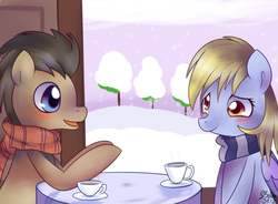 Size: 1243x915 | Tagged: safe, artist:solar-slash, derpy hooves, doctor whooves, time turner, earth pony, pony, g4, blushing, clothes, male, scarf, ship:doctorderpy, shipping, snow, snowfall, stallion, straight, talking, winter