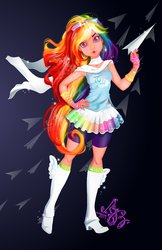 Size: 719x1111 | Tagged: safe, artist:asher-bee, rainbow dash, human, g4, clothes, female, humanized, nail polish, pale skin, paper airplane, solo