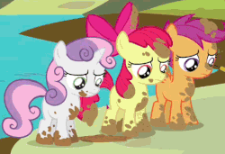 Size: 460x315 | Tagged: safe, screencap, apple bloom, applejack, scootaloo, sweetie belle, earth pony, pegasus, unicorn, g4, one bad apple, animated, backwards, cutie mark crusaders, female, filly, foal, gif, horn, looking down, mud, reversed