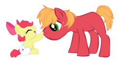 Size: 985x503 | Tagged: safe, artist:dolphinmoana, artist:faithfirefly, apple bloom, big macintosh, earth pony, pony, g4, adorabloom, baby, baby pony, boop, brother and sister, colt, cute, diaper, foal, younger