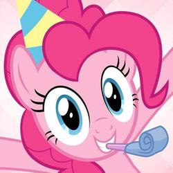 Size: 400x400 | Tagged: safe, screencap, pinkie pie, earth pony, pony, g4, female, grin, hat, mare, party hat, party horn, smiling, solo