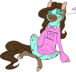 Size: 1280x1227 | Tagged: safe, artist:thepoisonjackal, beauty brass, earth pony, pony, g4, bowtie, clothes, cute, eyes closed, female, heart, hoodie, morning ponies, solo, spots, sweatshirt, tongue out